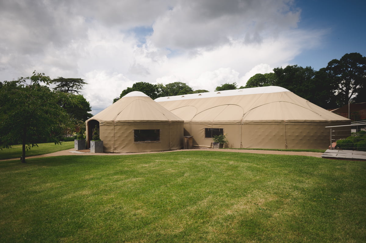 Outside of wooden wedding yurt at Thorpe Garden, Tamworth